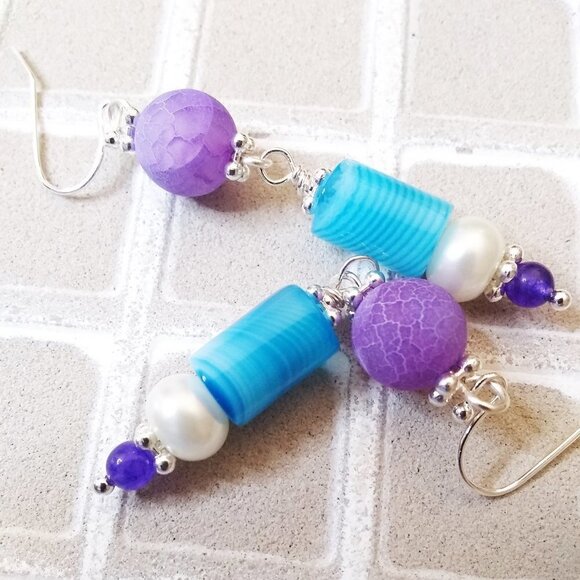 Upscale Pearls + Gemstone Beaded Dangle Summer Earrings! Colorful! Spunky! Boho! - Picture 7 of 8